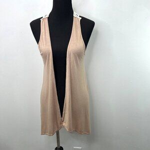 Vintage Girl Talk Sleeveless Vest M Open Front Top Beige Neutral Crochet Back